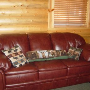 leather couch inside cabin.